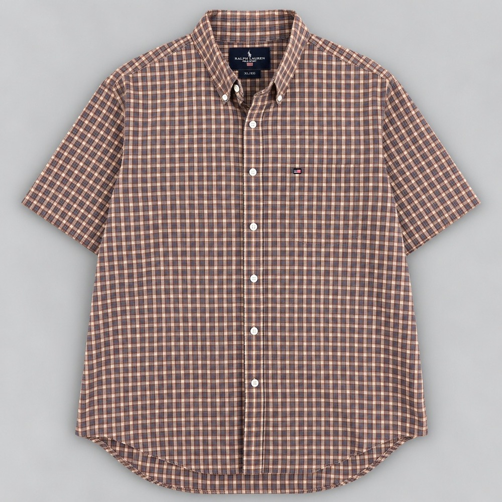 Ralph Lauren Jeans Company Mens XXL Plaid Short Sleeve Button Down Shirt Brown